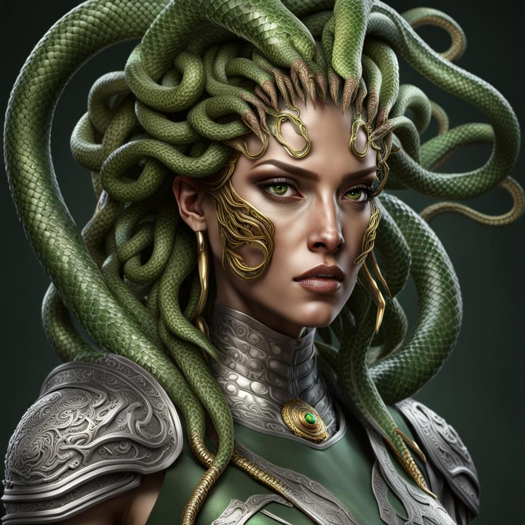 Realistic Medusa Portrait in Detailed Metal Armor