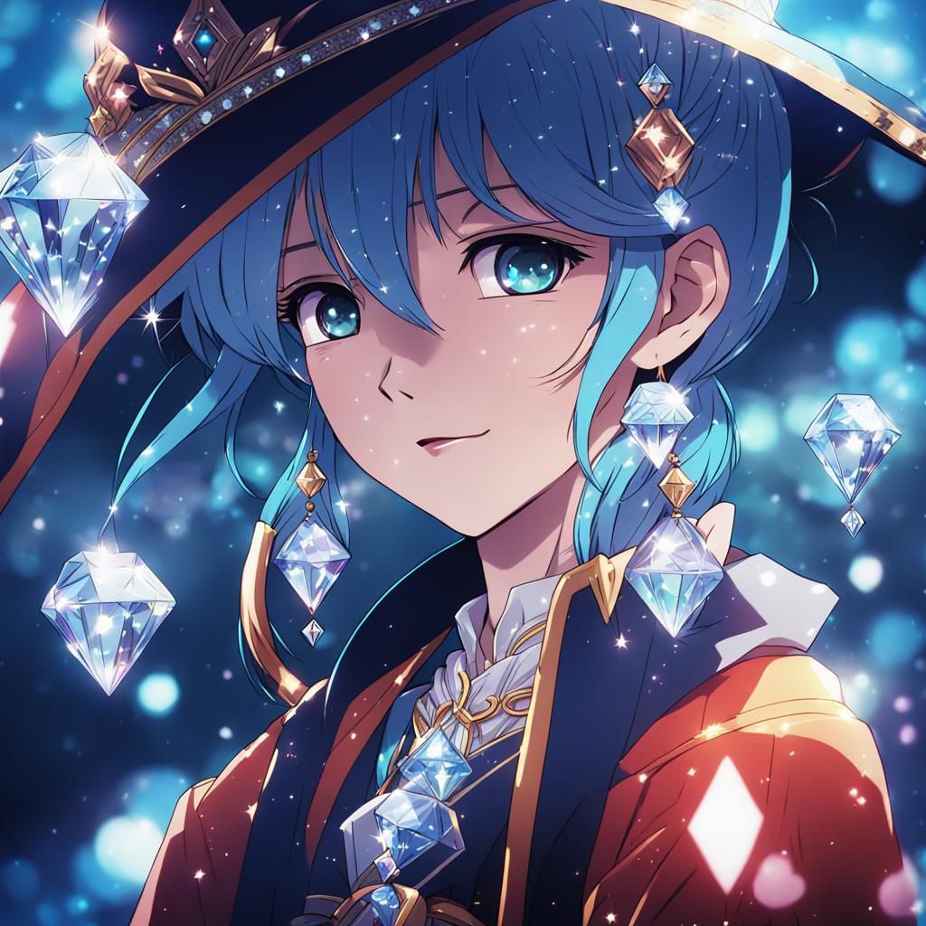 Diamond-Adorned Anime Girl in Cel-Shaded Style