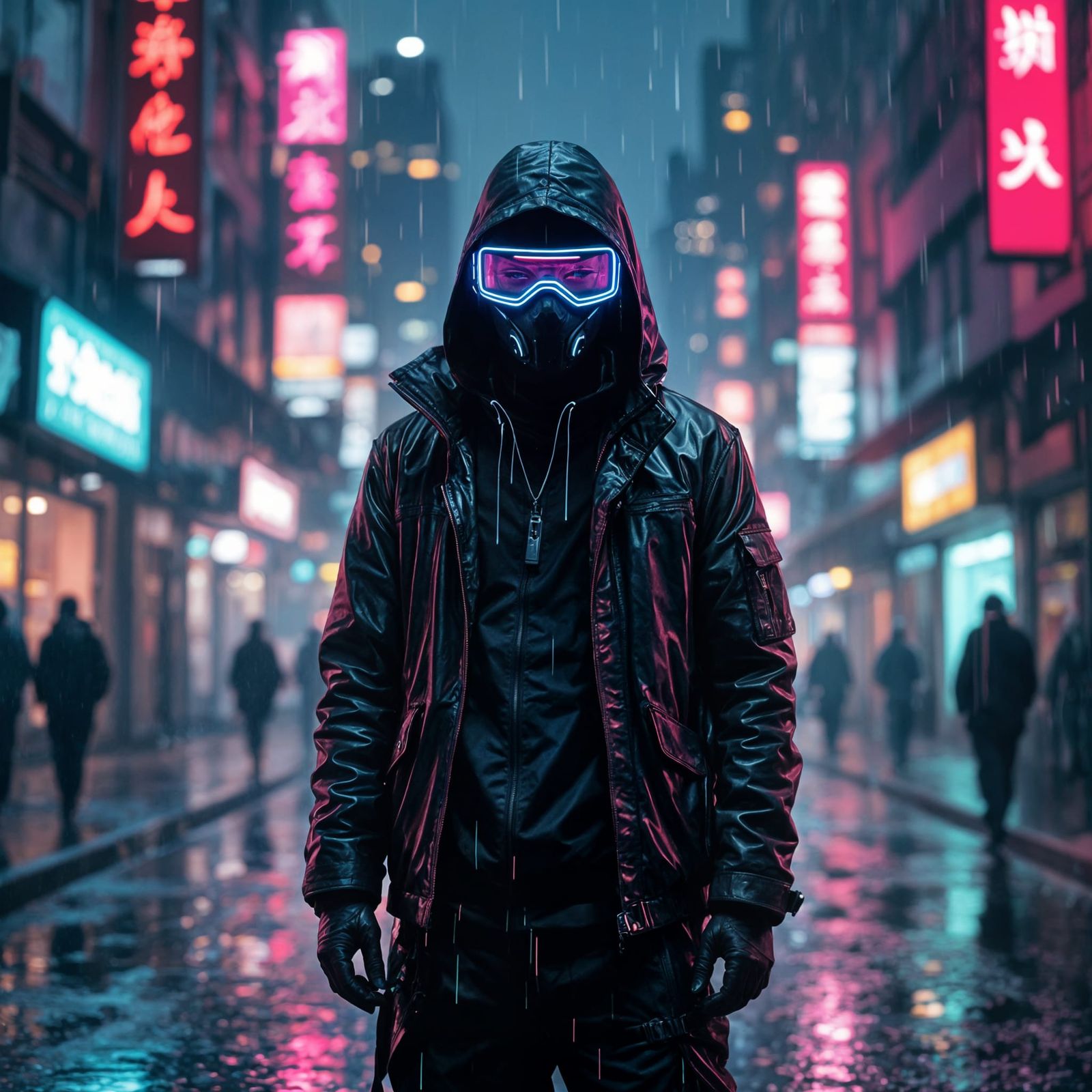 Cyberpunk Cityscape with Masked Figure in Neon Light