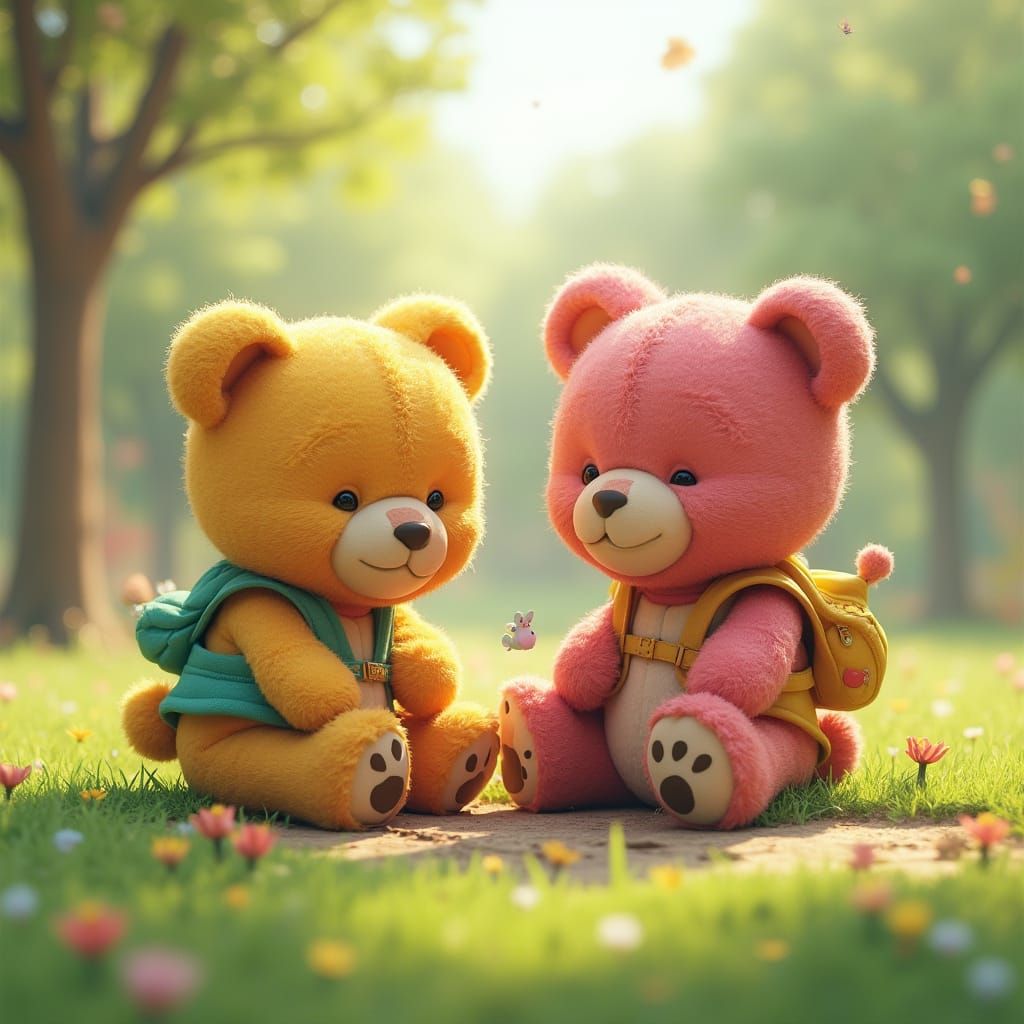 Teddy Bears Laugh and Play in Vibrant Spring Scene