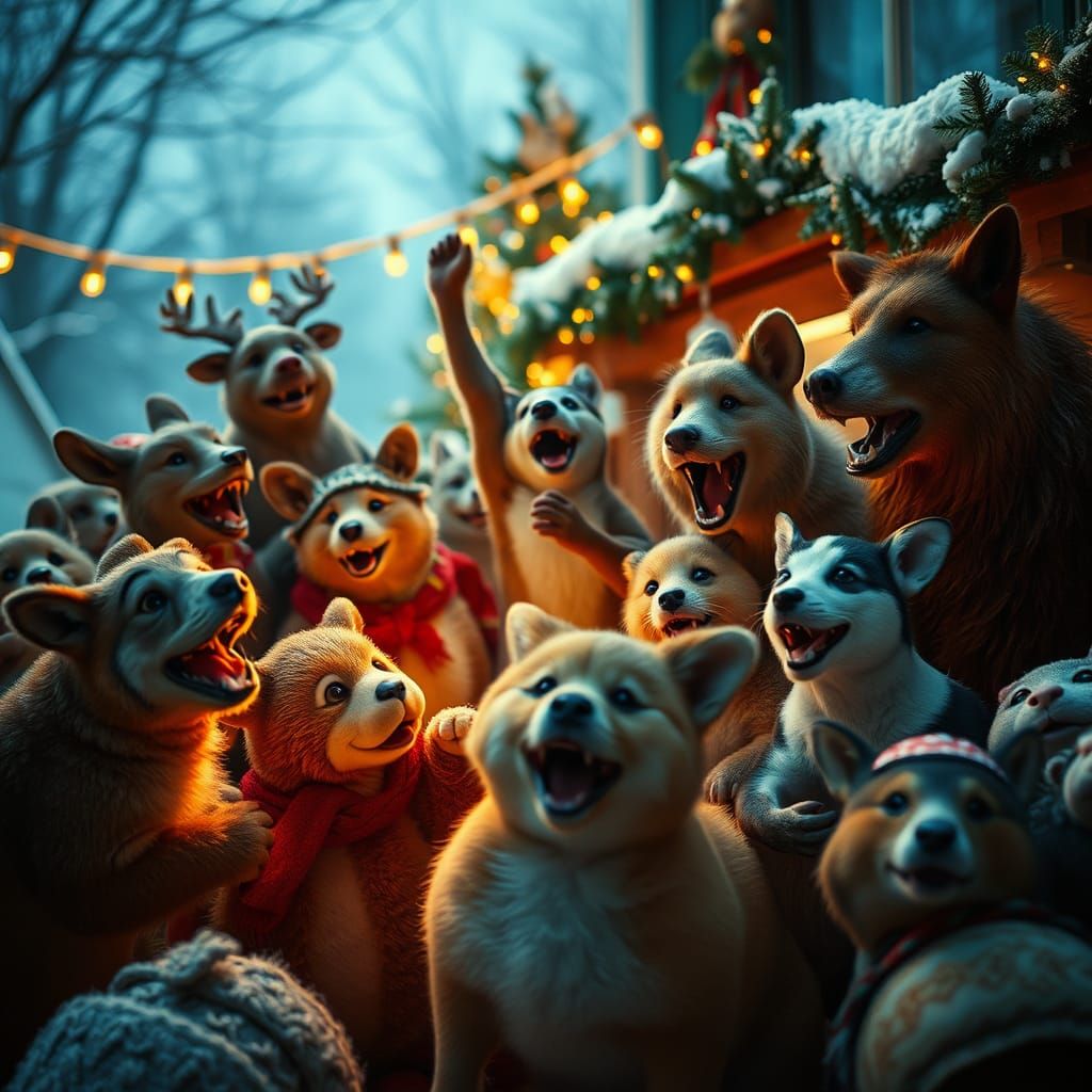 Festive Animal Christmas Celebration in Cinematic Style