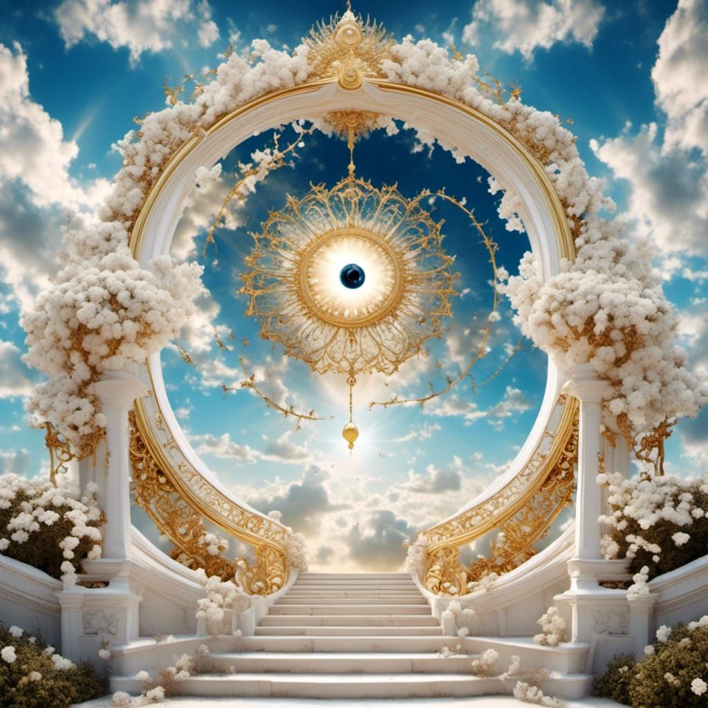 Surreal Eye Above Pearly Gates of Heaven
