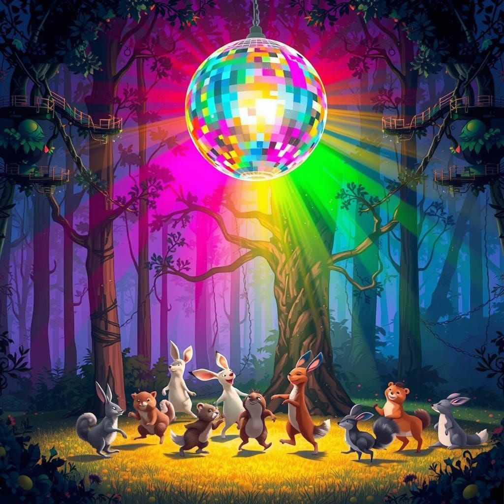 Vibrant Whimsical Forest Disco Scene