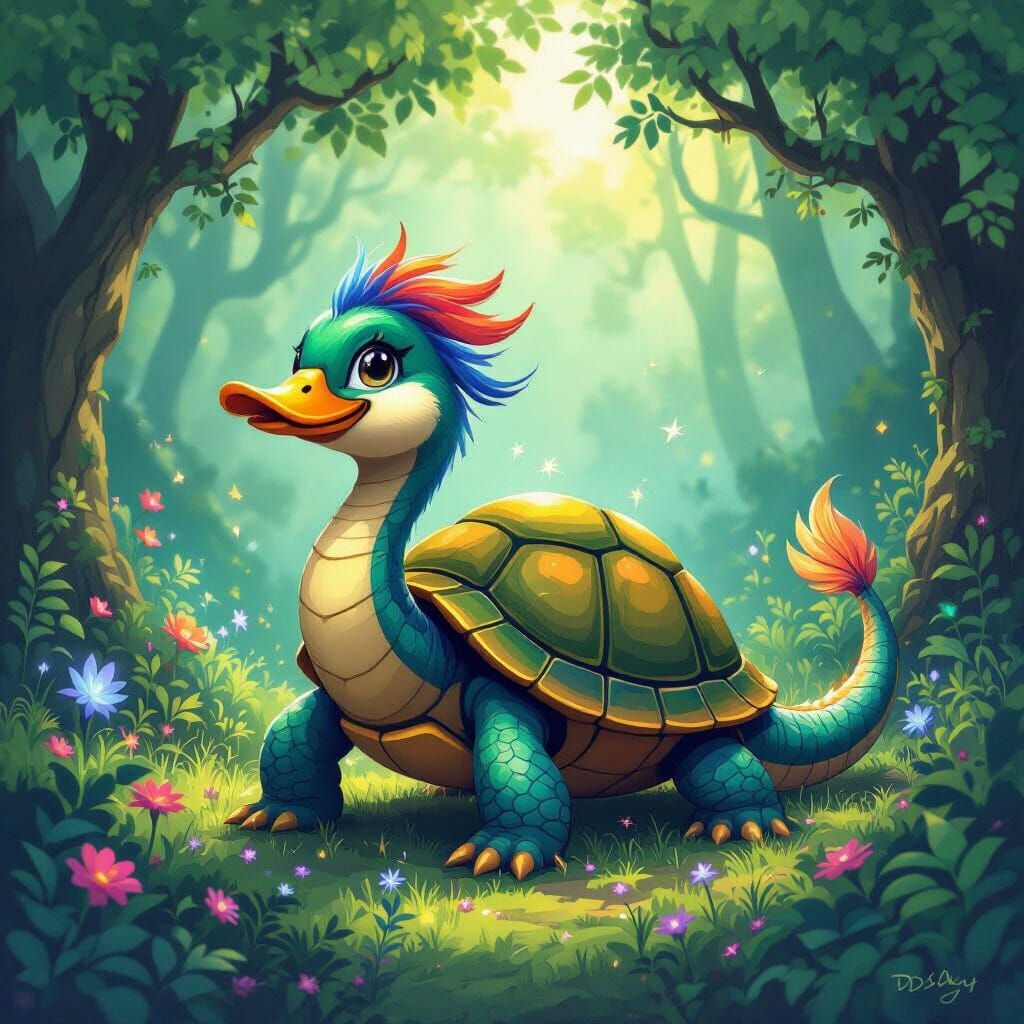 Whimsical Duck-Headed Turtle with Dragon Tail in Enchanted F...