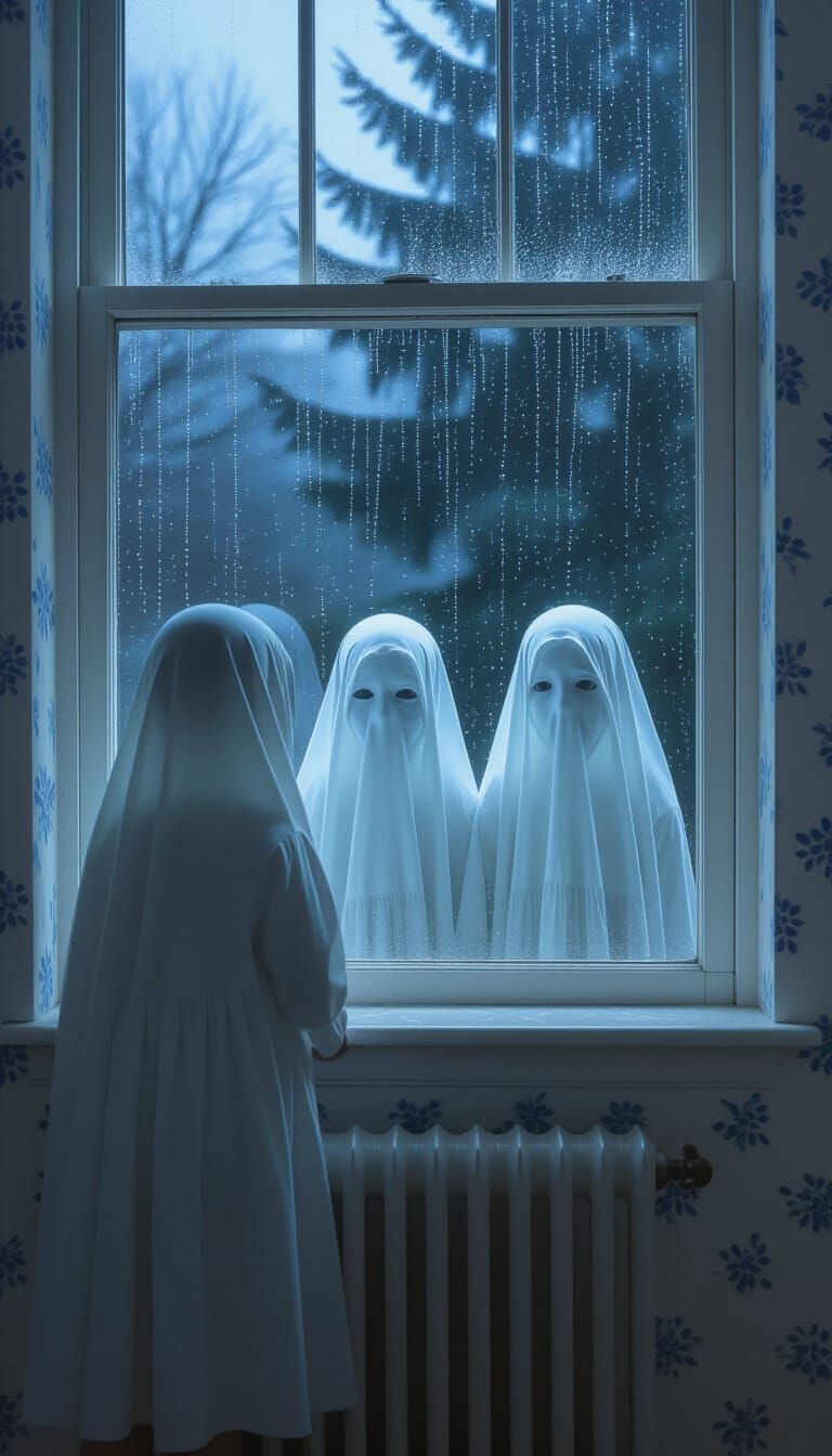 Ghost Children Peek Through Window on Rainy Night