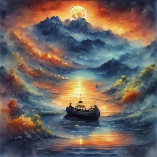 Klimt-Inspired Wolf Howling at Supermoon