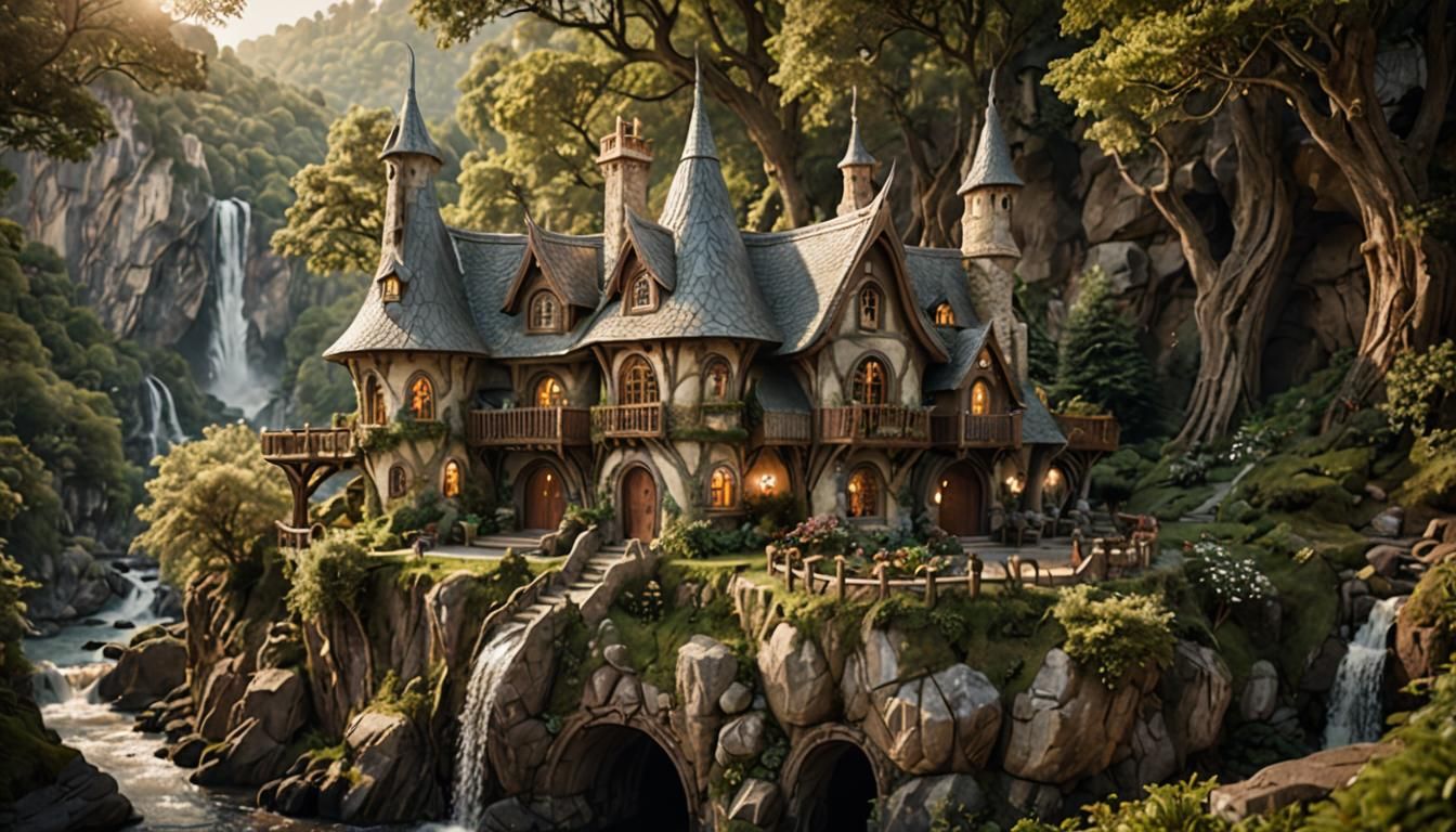 Majestic Elven Cottage by Waterfall in Fantasy Style