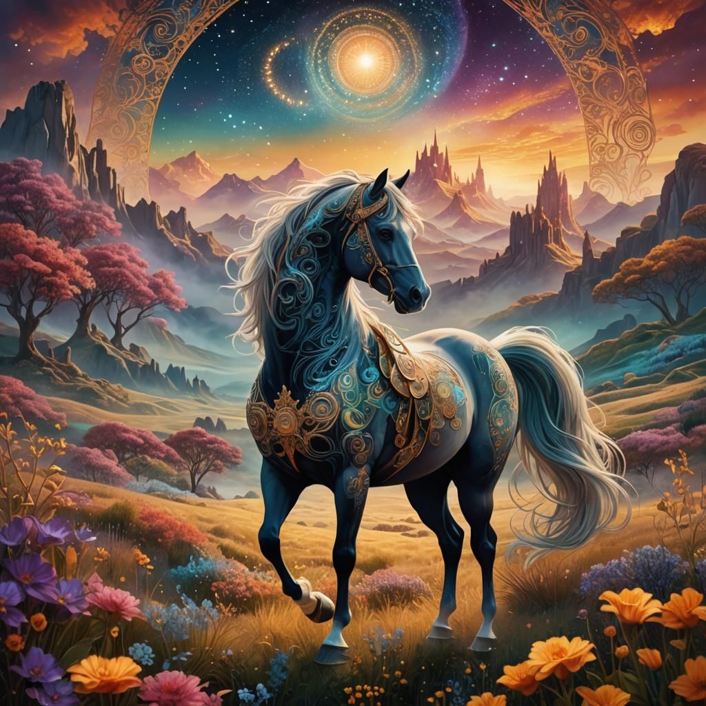 Mystical Horse in Dreamlike Art Nouveau Landscape