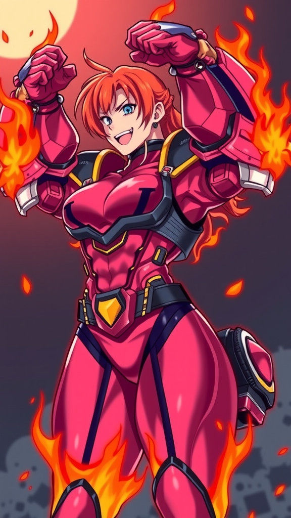 Anime Bodybuilder in Fiery Exosuit: Dynamic Digital Art
