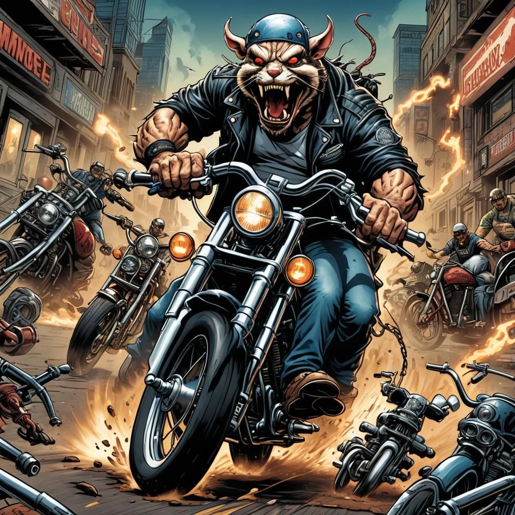 Cartoon Rat Rides Chopper: Comic Book Art