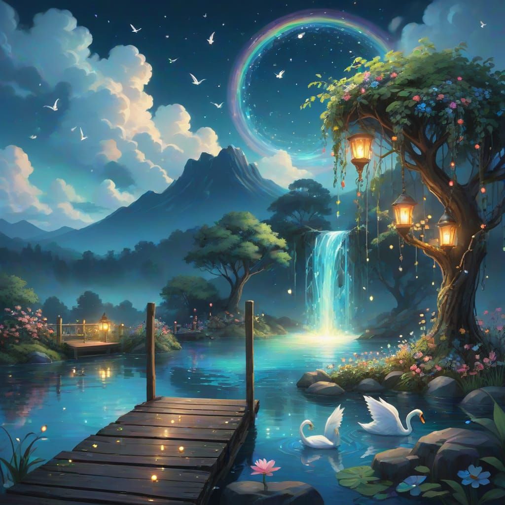 Ethereal Secret Garden with Waterfall in Anime Style