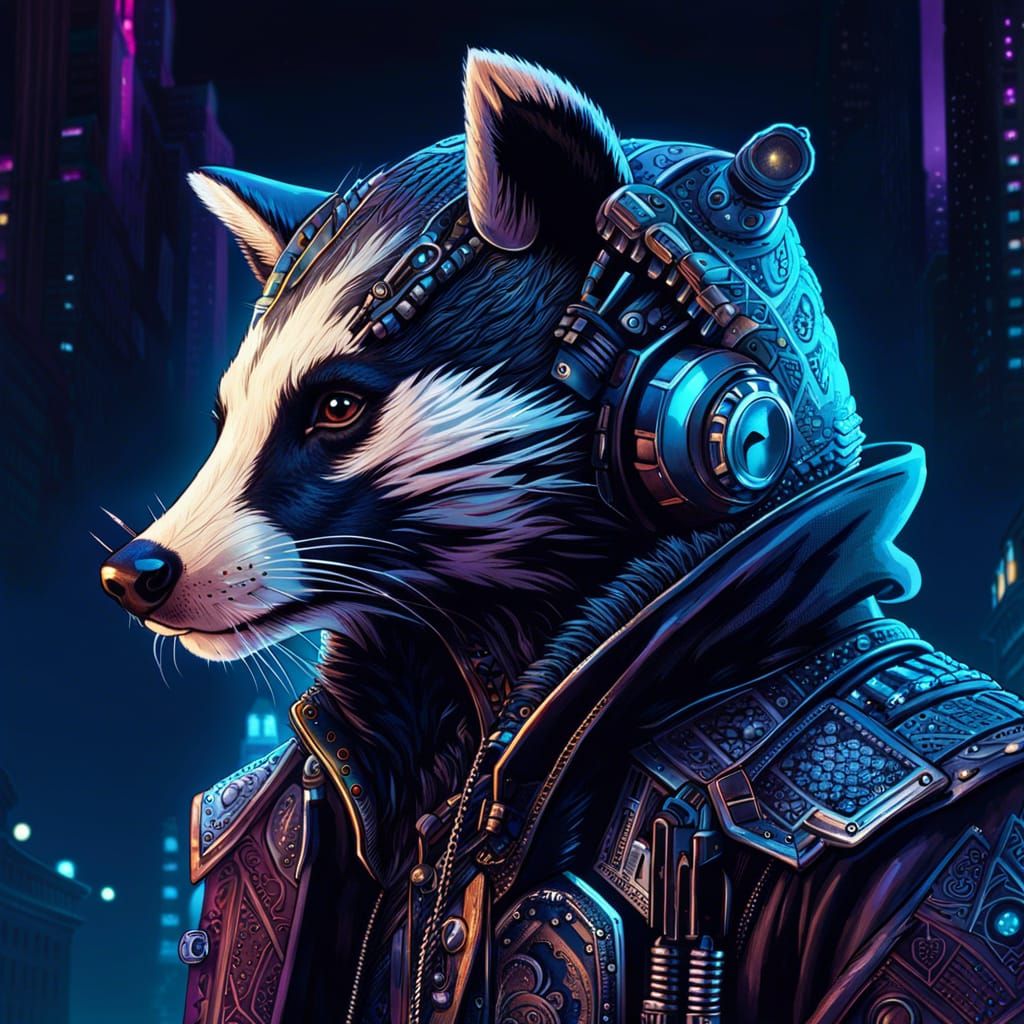 Cyberpunk Badger Portrait on Moonlit Street