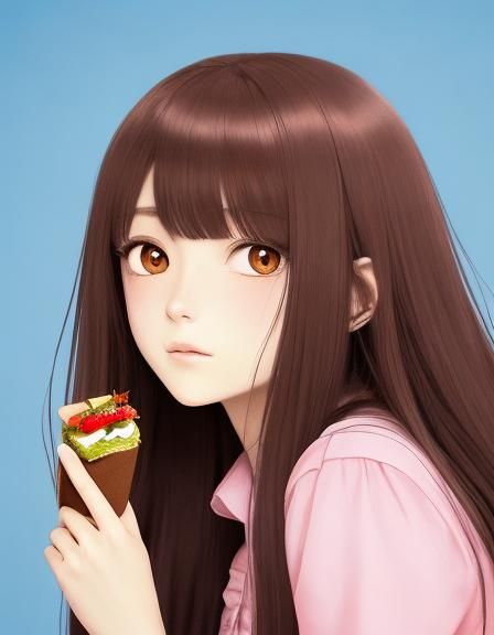 Anime Girl in Pink Dress Eating Sandwich