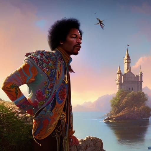 Hendrix on Dragonfly: Hyperdetailed Art Nouveau Portrait