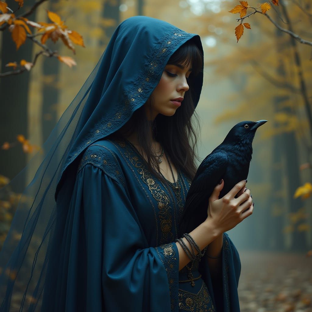 Mysterious Blue Robed Sorceress with Raven in Dark Autumn Tw...