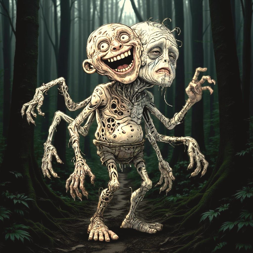 Two-Headed Humanoid with Laughing and Sad Faces