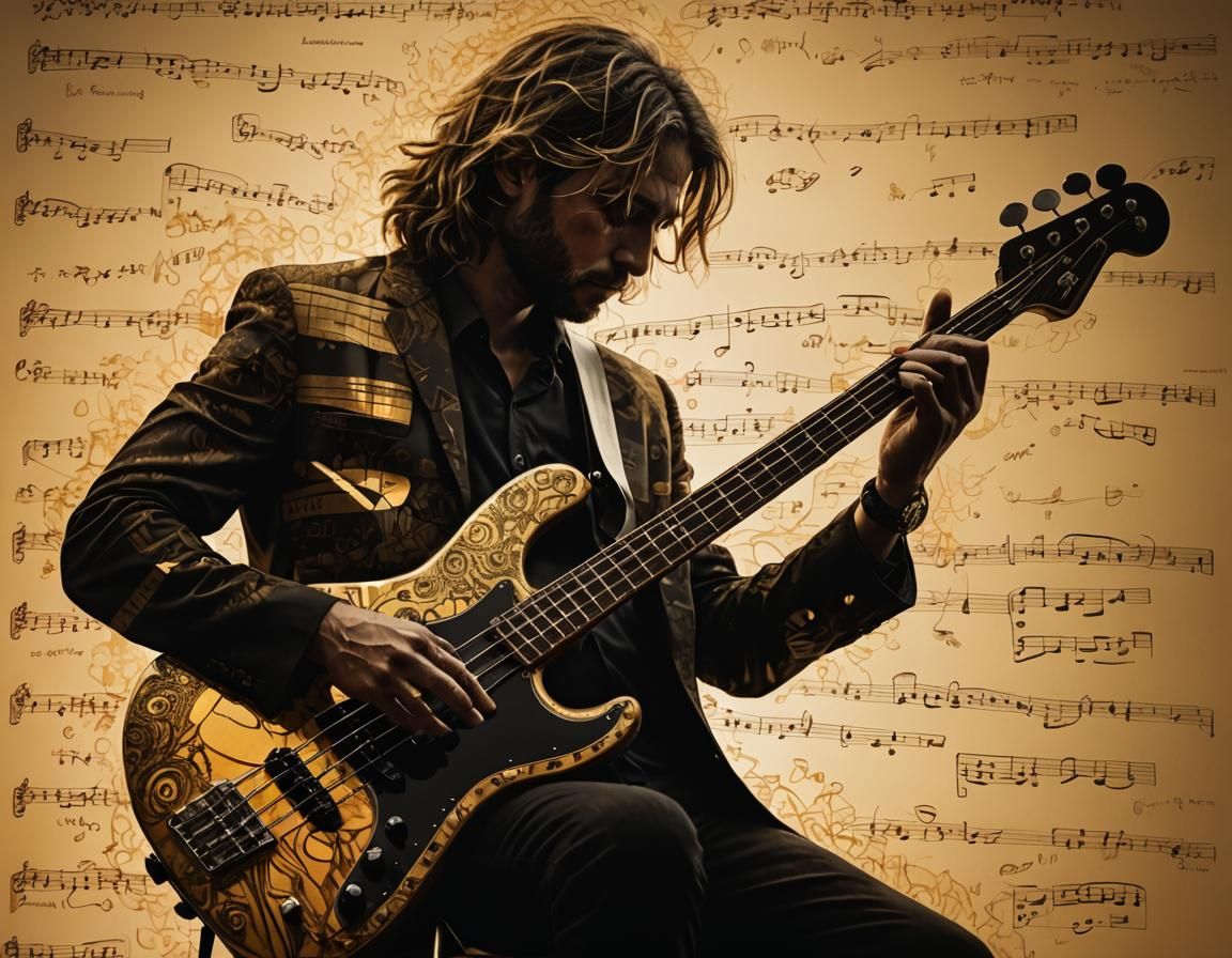 Golden Hour Bass Guitar Silhouette with Flowing Notes