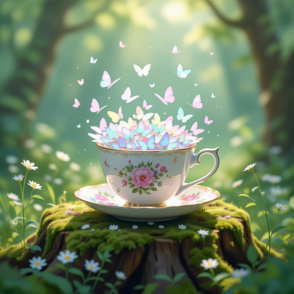 A whimsical teacup, overflowing with tiny, iridescent butter...