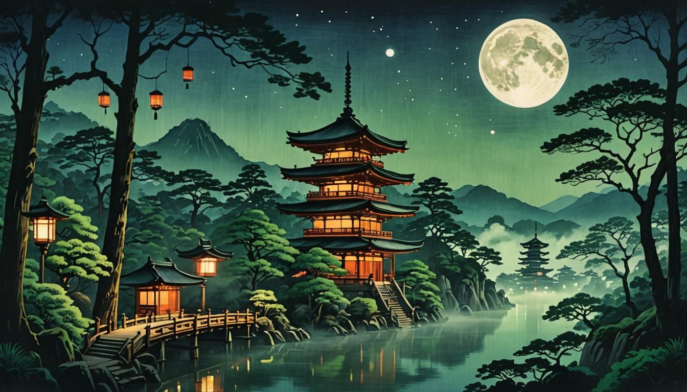 Japanese Temple Under Full Moon in Ukiyo-e Style