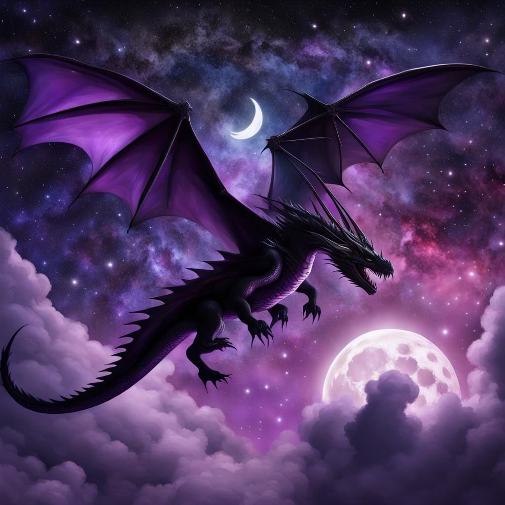 A magical dragon flying through the sky at night