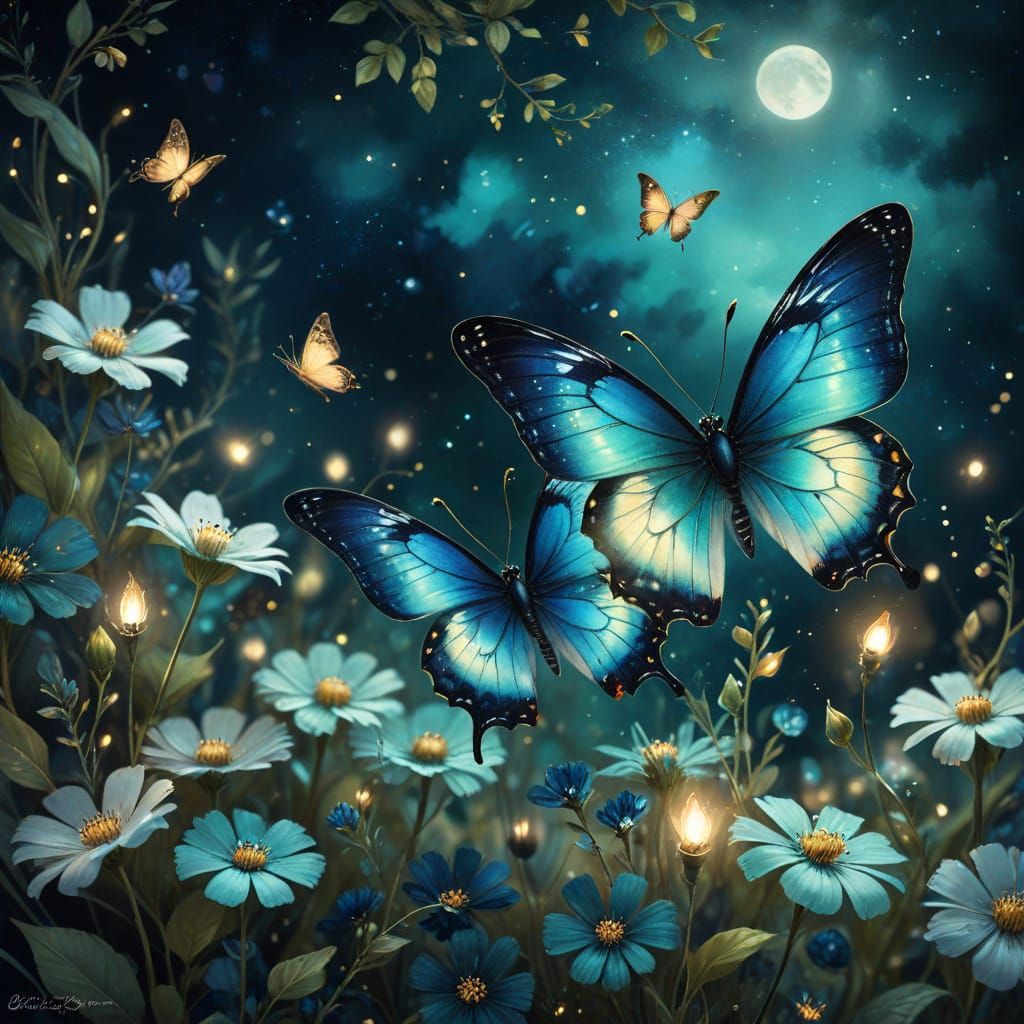 Moonlit Butterflies and Fireflies in Watercolor Style
