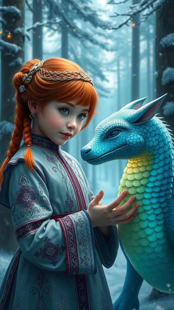 Yakut Girl in Mystical Forest, Bilibin Style