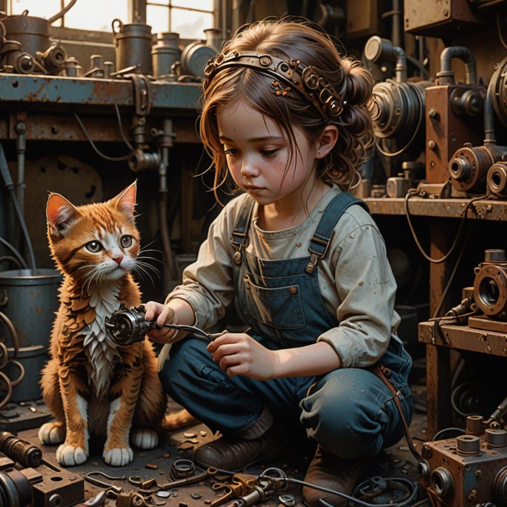 Little Girl Tightens Kitten's Mechanical Tail in Whimsical W...