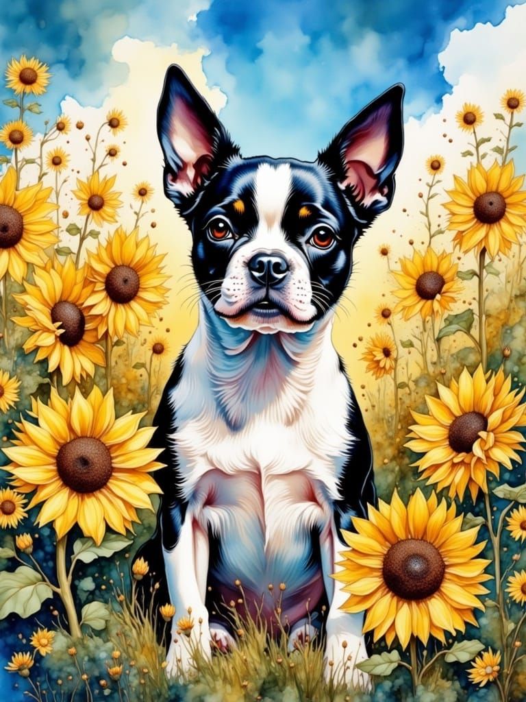 Boston Terrier in Vibrant Sunflower Field