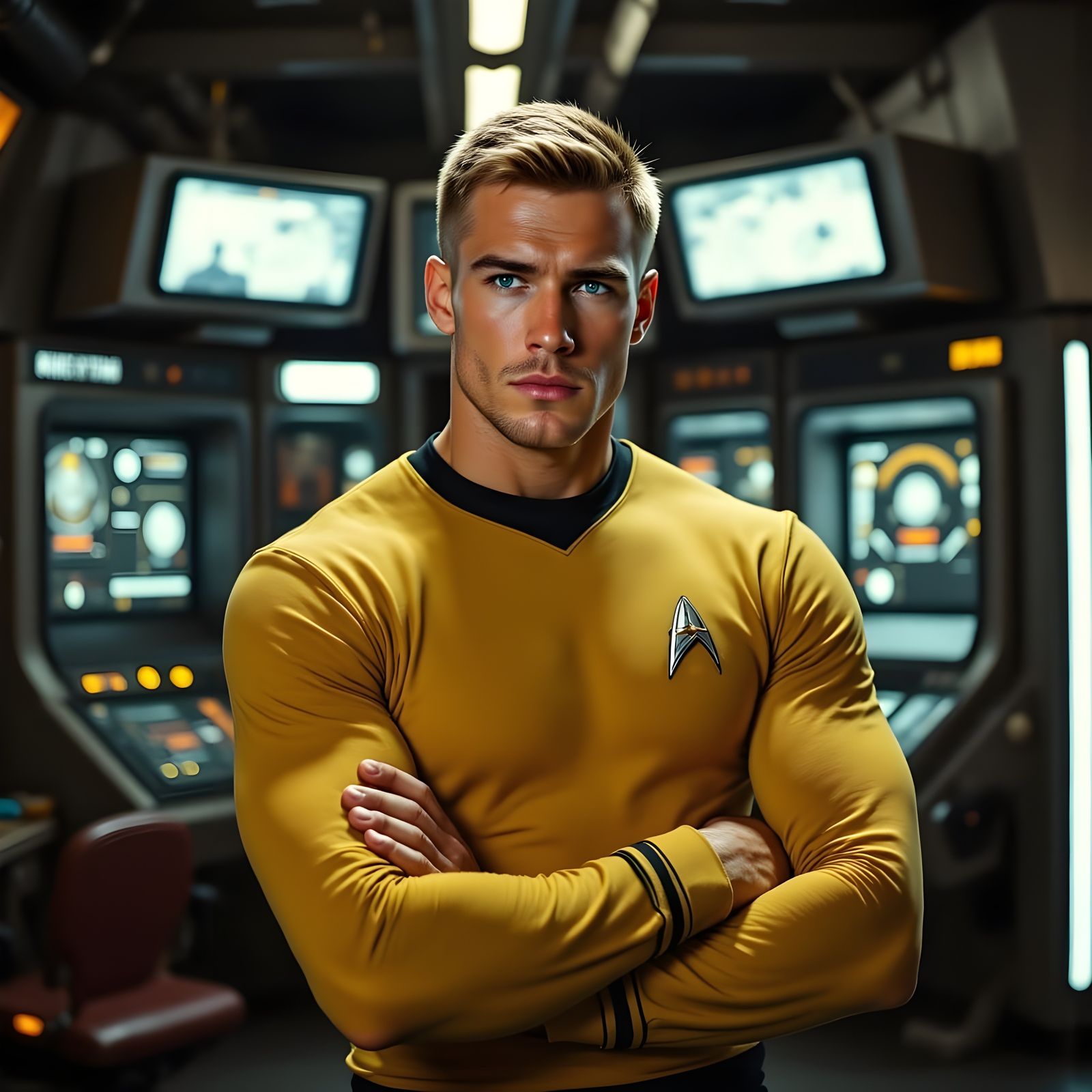 Confident Captain James T. Kirk on the USS Enterprise Bridge