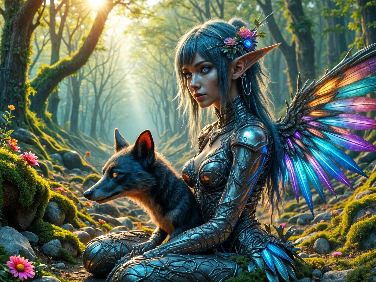 Cyber Angel and Flora-Fauna Companion in Cyberpunk Style