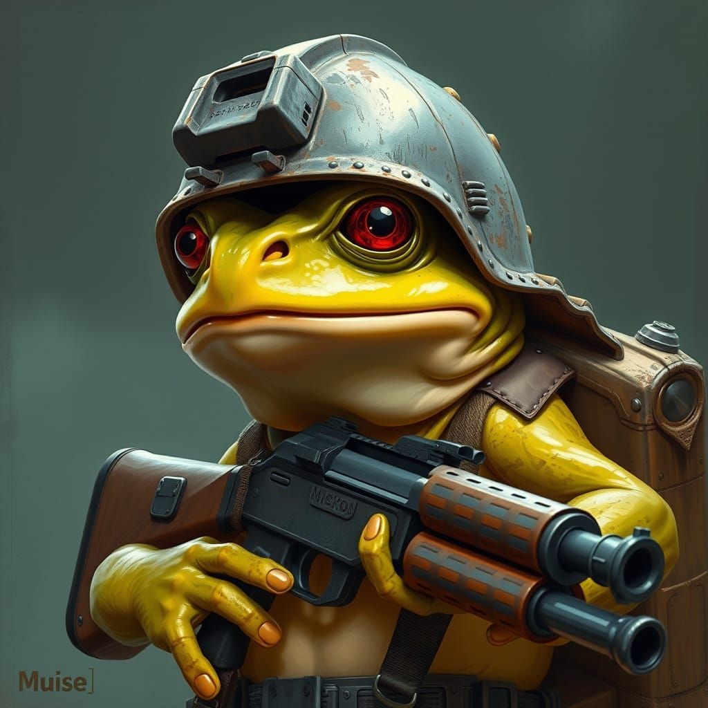 Frog Wears Industrial War Helmet and Carries Shotgun in Futu...