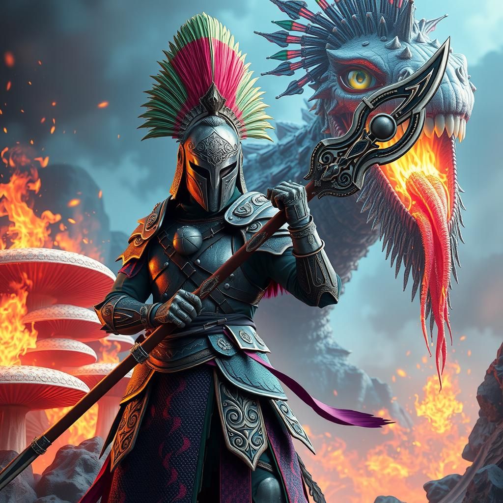 Samurai Warrior with Kaiju in Spiraling Flames