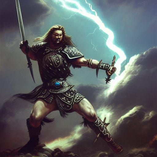 Viking Warrior on Horseback Under Lightning Sky