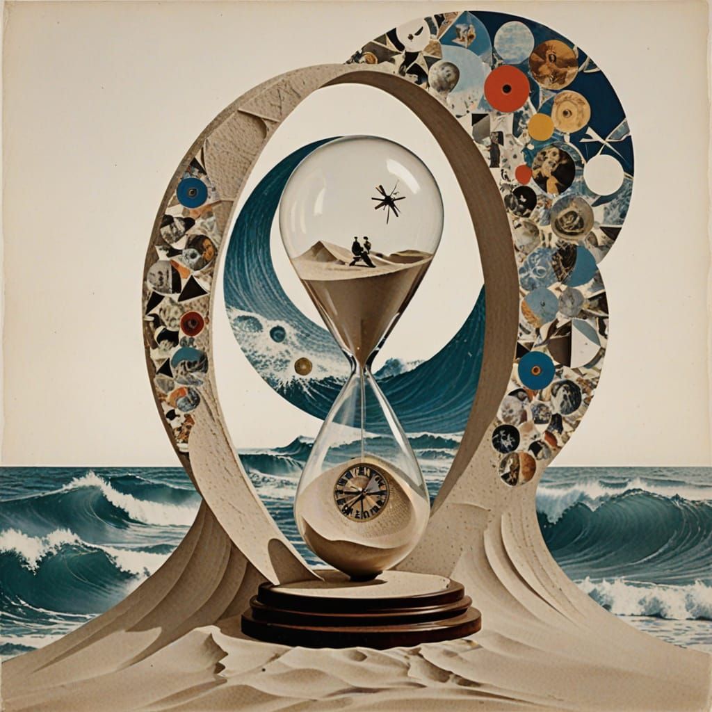 Dadaist Collage of Hourglass and Waves in Minimalist Style