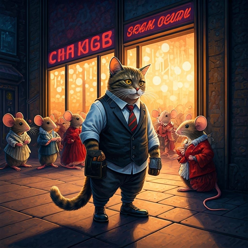 Cat Bouncer at Mouse Nightclub: Gouache Painting