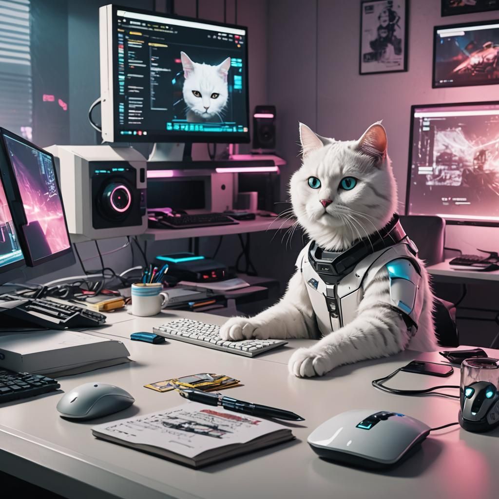 Cyberpunk Desk Scene with Cat-Robot