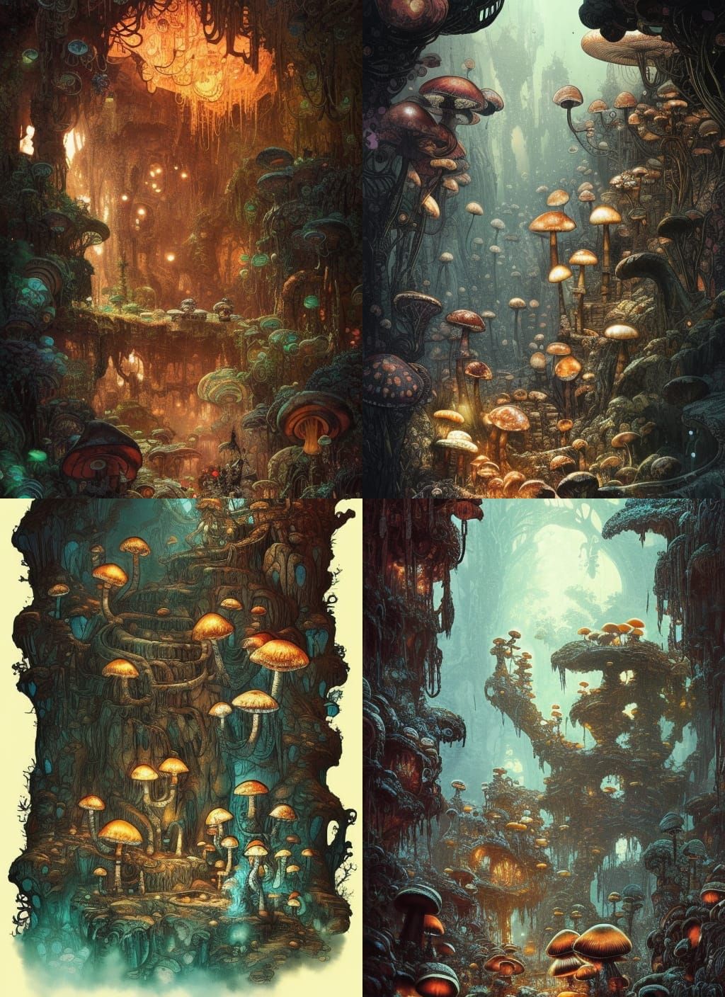 Glowing Mushrooms Light Ancient Cave, Watercolor Art