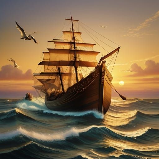 Viking Ship at Sunset: A Maritime Oil Painting