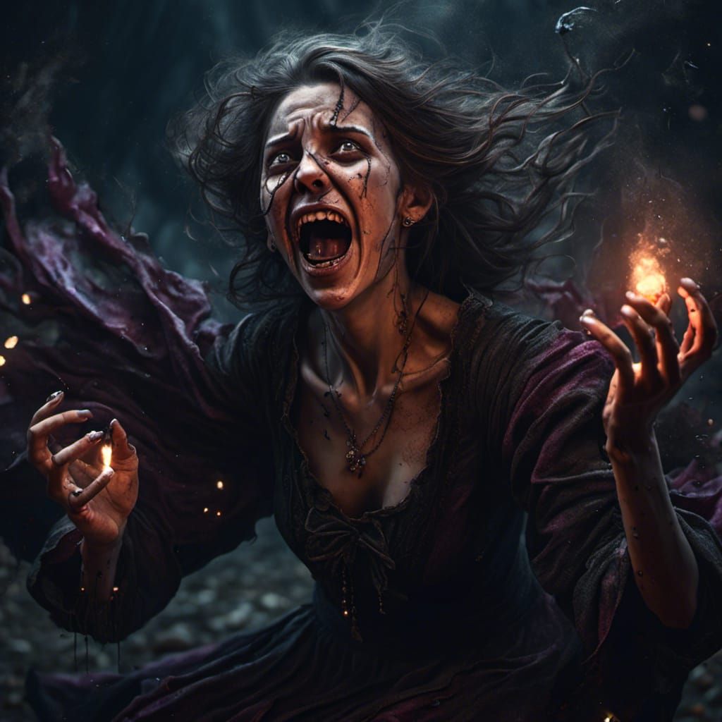 Dark Witch Screaming: Hyperrealistic Splash Art