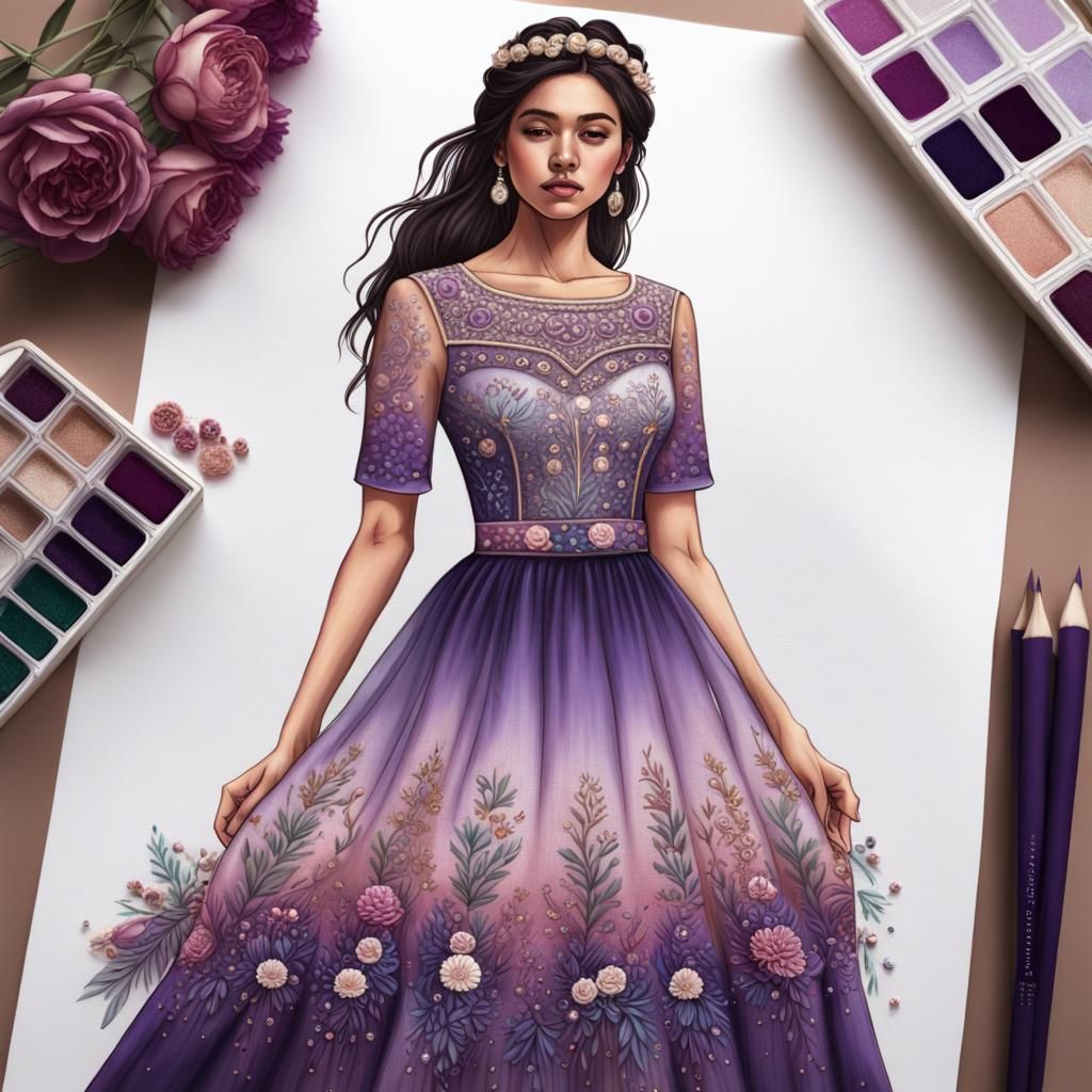 Elegant Embroidered Gradient Dress with Floral Accents