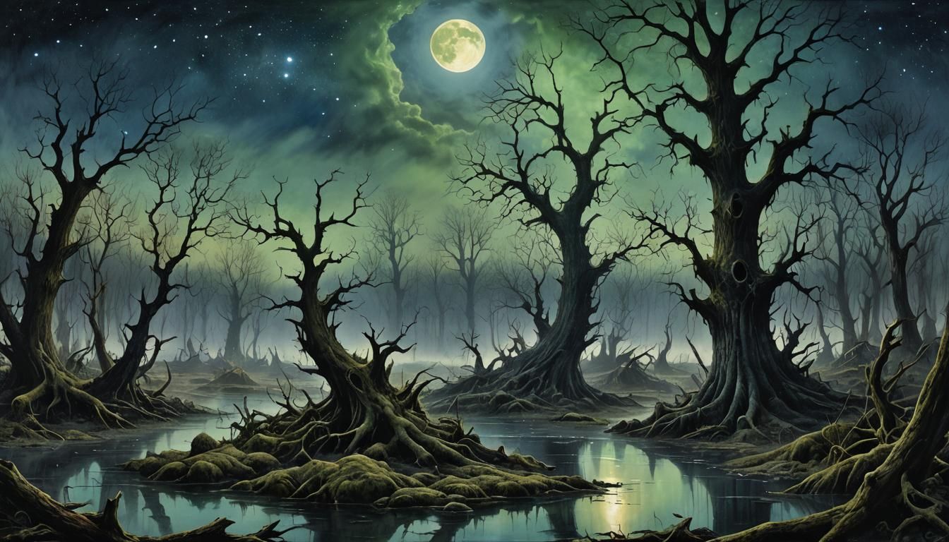 Gothic Swamp: Watercolor Painting of Death and Decay