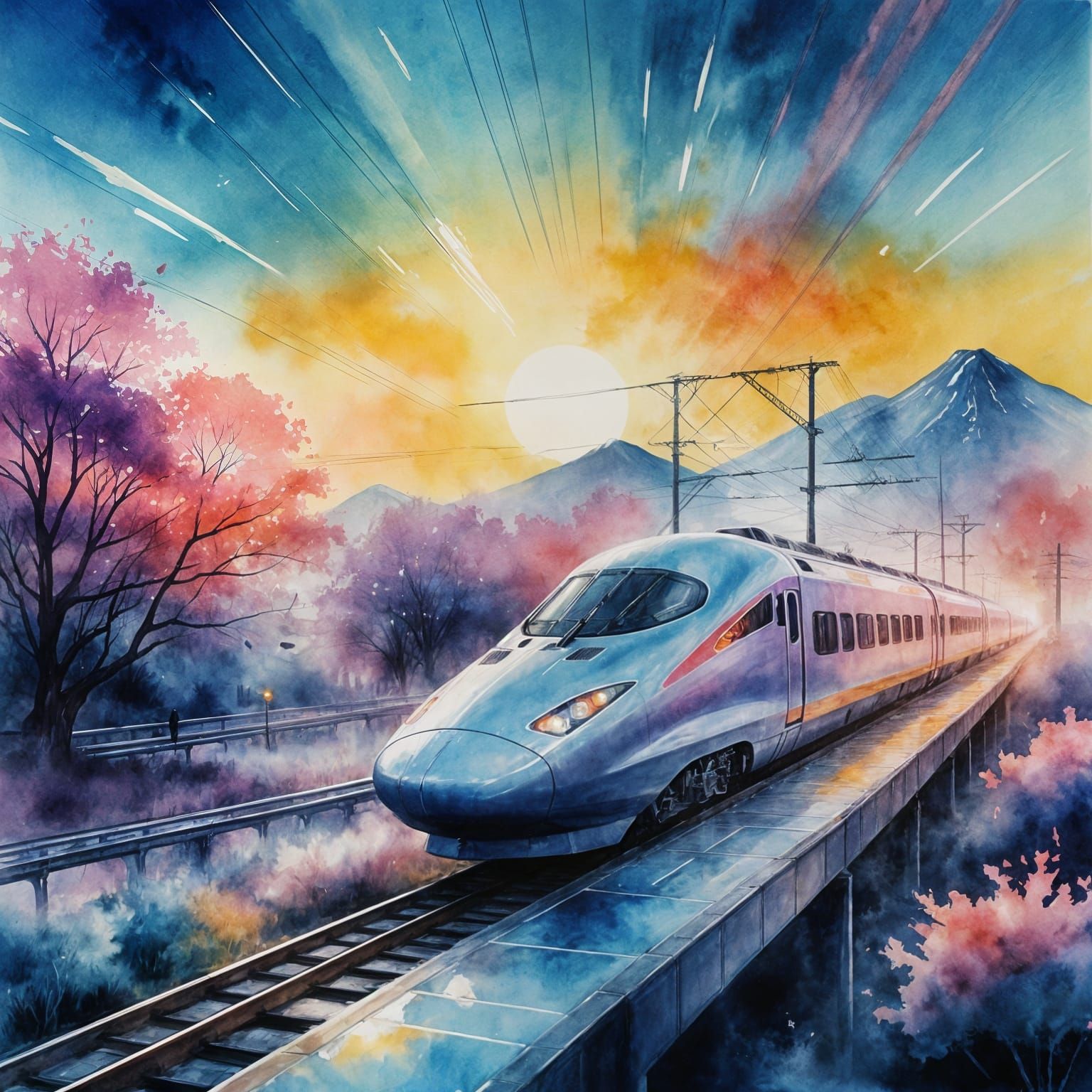 Surreal Futuristic Bullet Train in Impressionistic Watercolo...