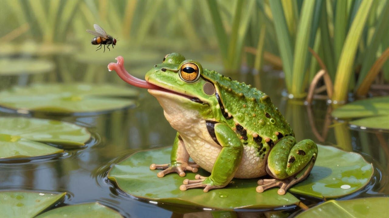 Plump Frog Snatching Fly Mid-Air in Hyperrealistic Style