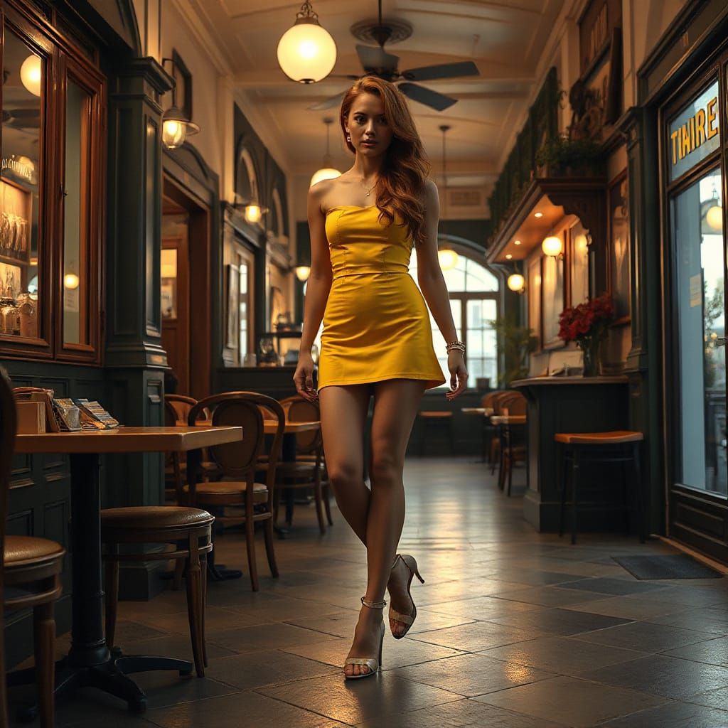 Woman in Yellow Skirt at European Cafe