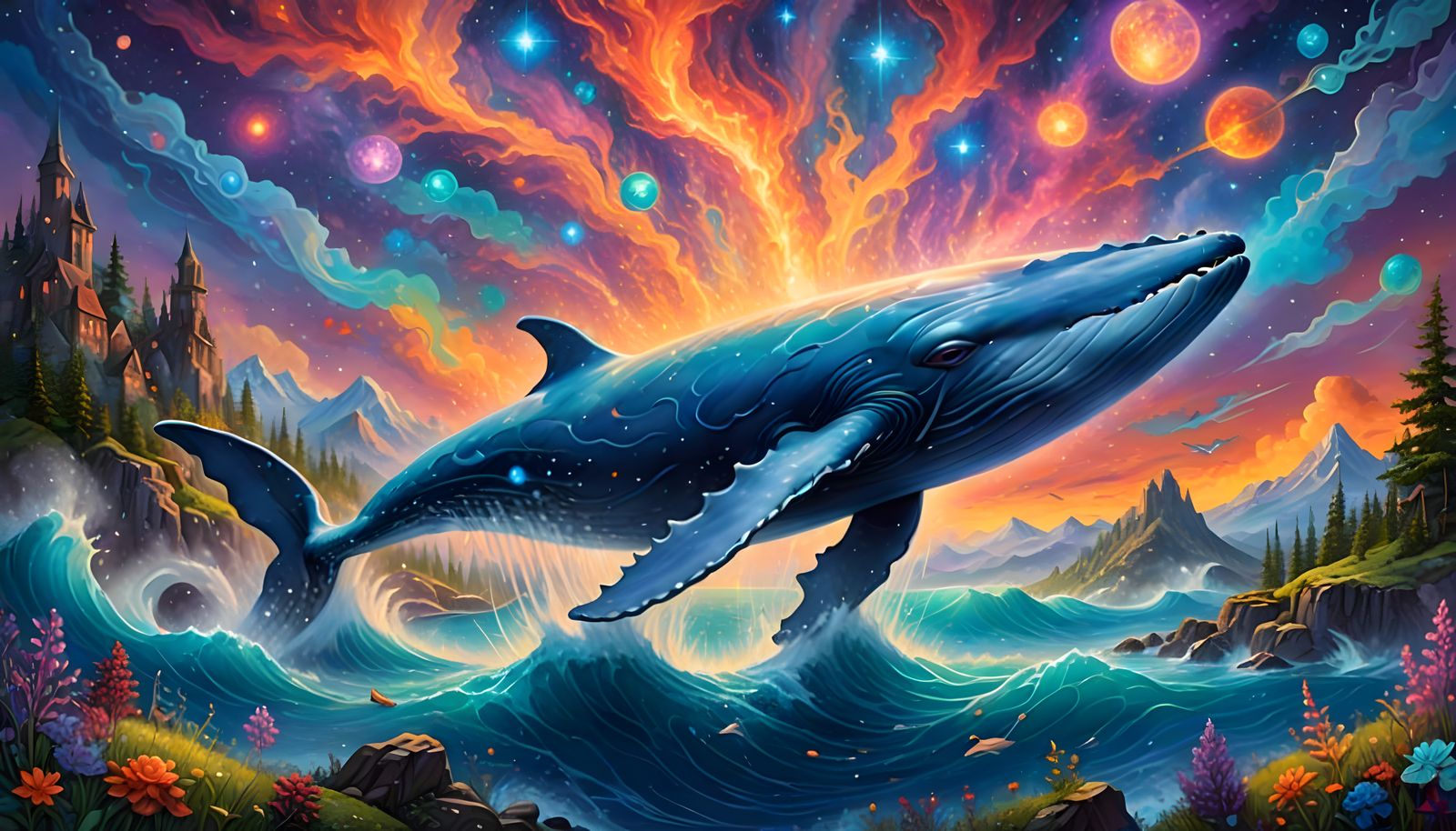 Whale swims through a cosmic nebula