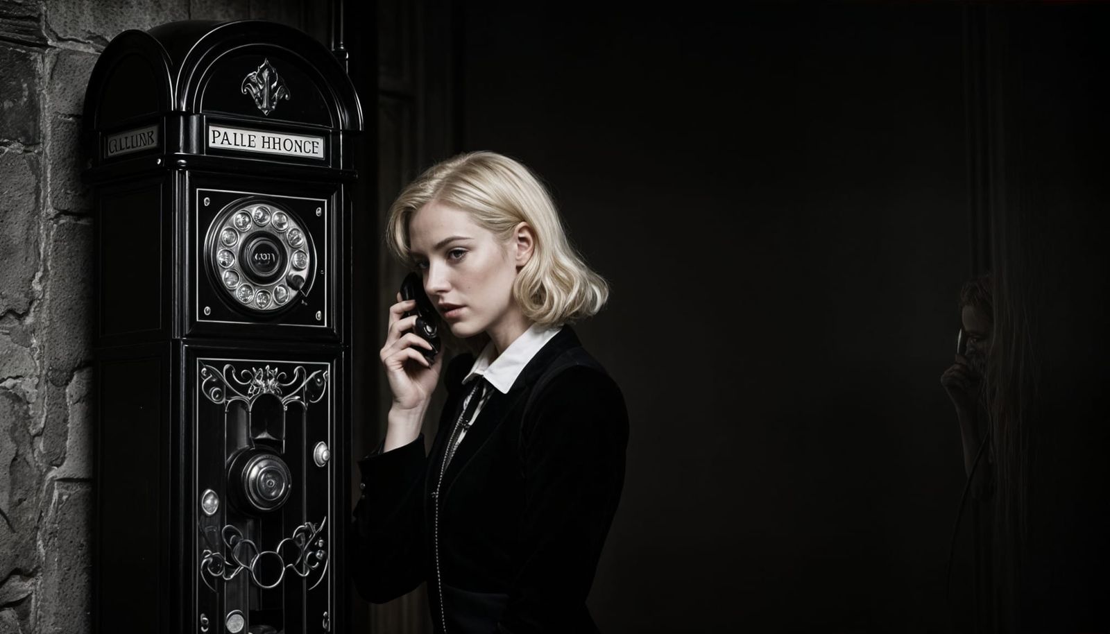 Gothic Woman by Call Box in Dark Academia Style