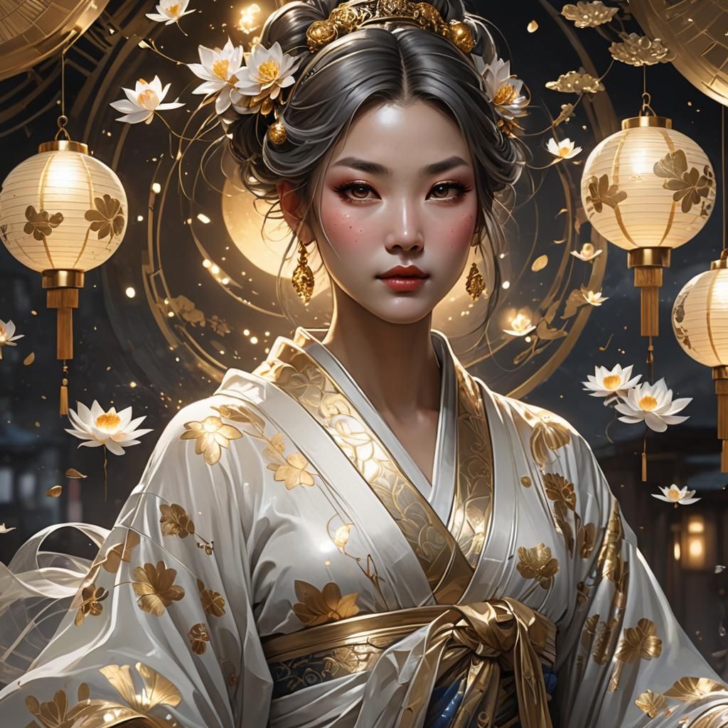 Mother and Child Embrace in Moonlight, Art Nouveau Style