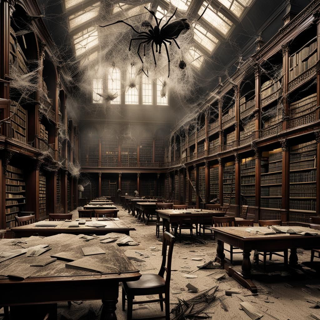 Scary Abandoned Library with Spiderwebs