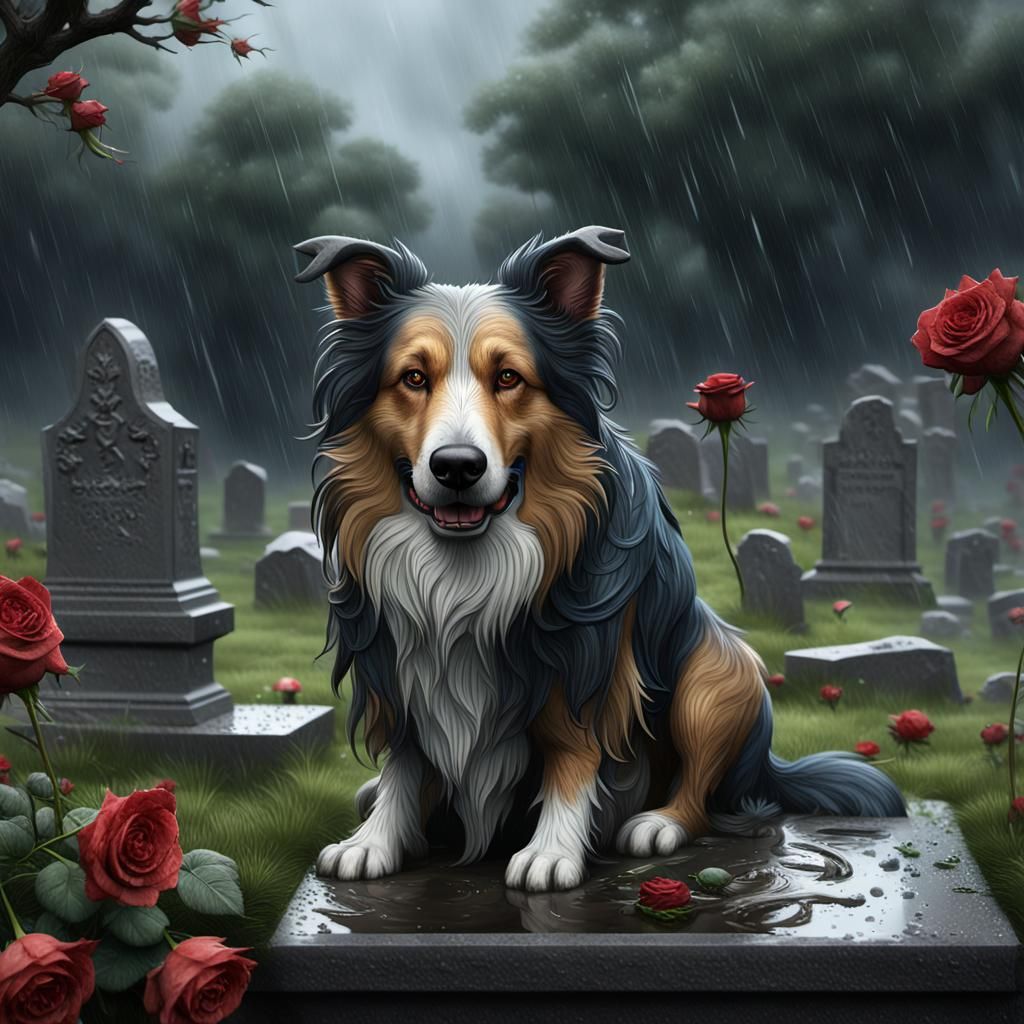 Sorrowful Collie at Gravestone in Gloomy Rain