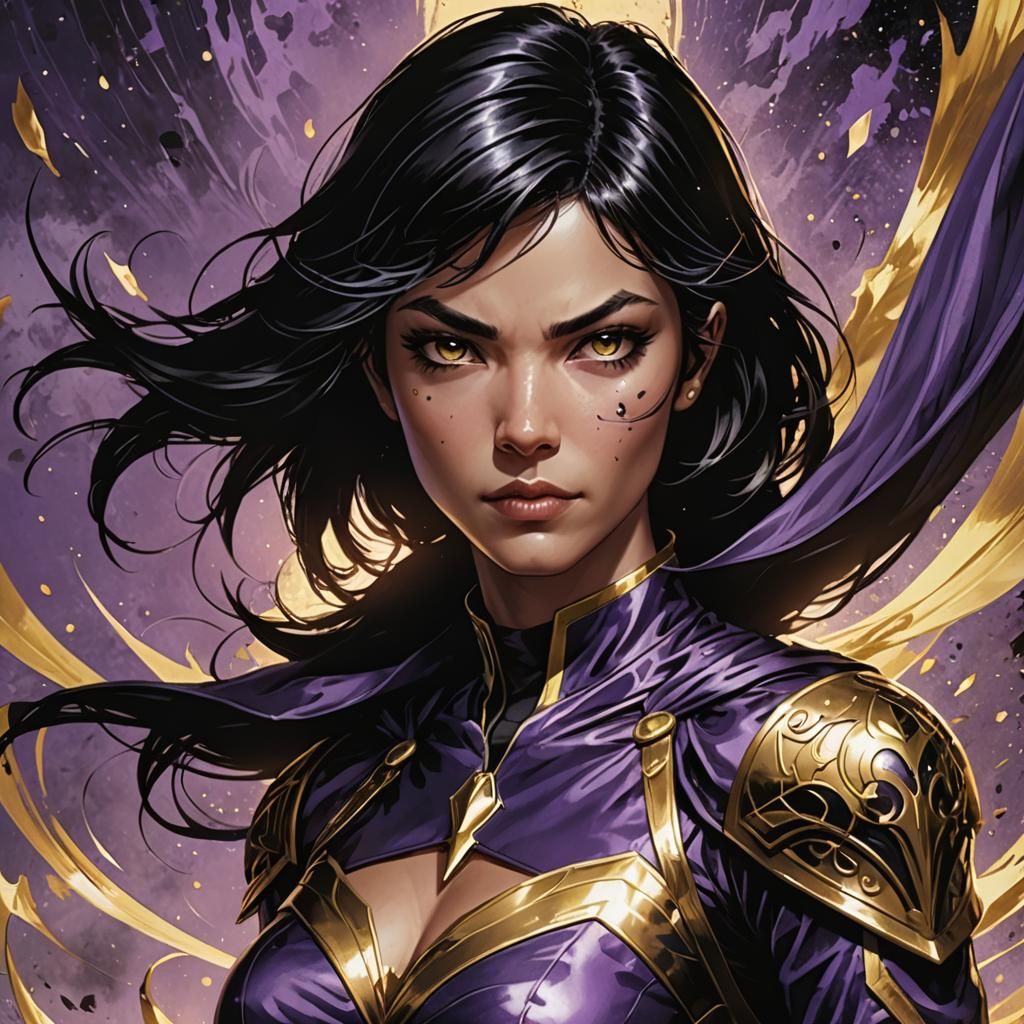 Beautiful Female Knight in Purple and Gold Outfit